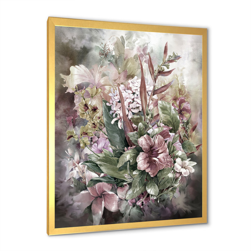 Grunge rose gris, fleurs d'été - décoration murale traditionnelle en toile, H 20 po x l 12 po x P 1 po, Cadre photo doré