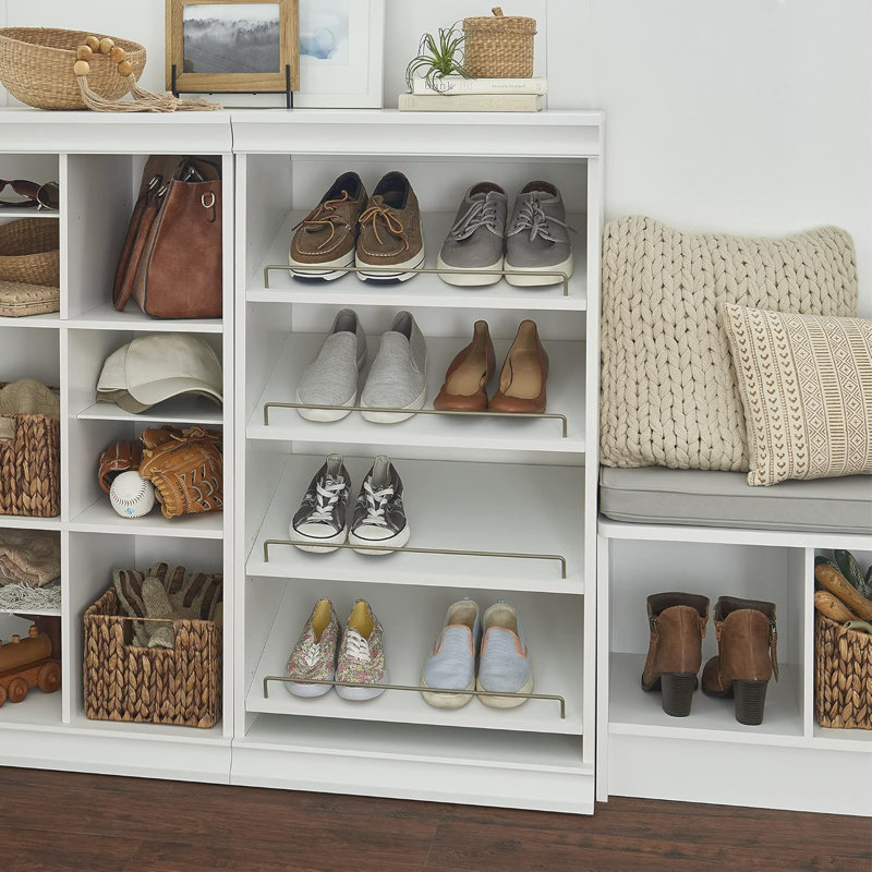 Modular Stackable Shoe Shelf Unit With Adjustable Angled Shelves And Decorative Trim For Closet Organization