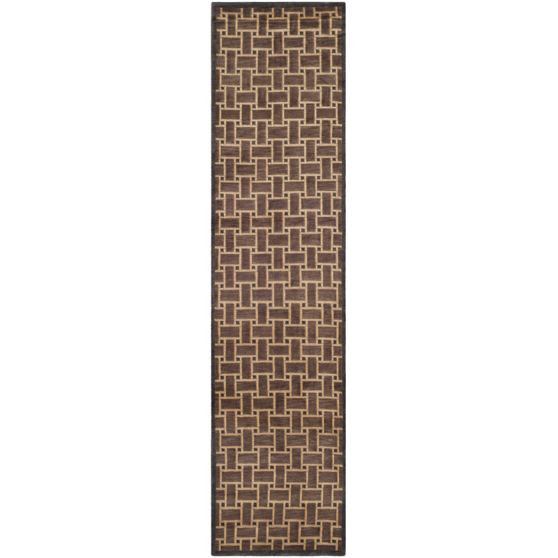 Hand-Knotted Brown Wool Geometric Runner Rug 2'6" x 10'