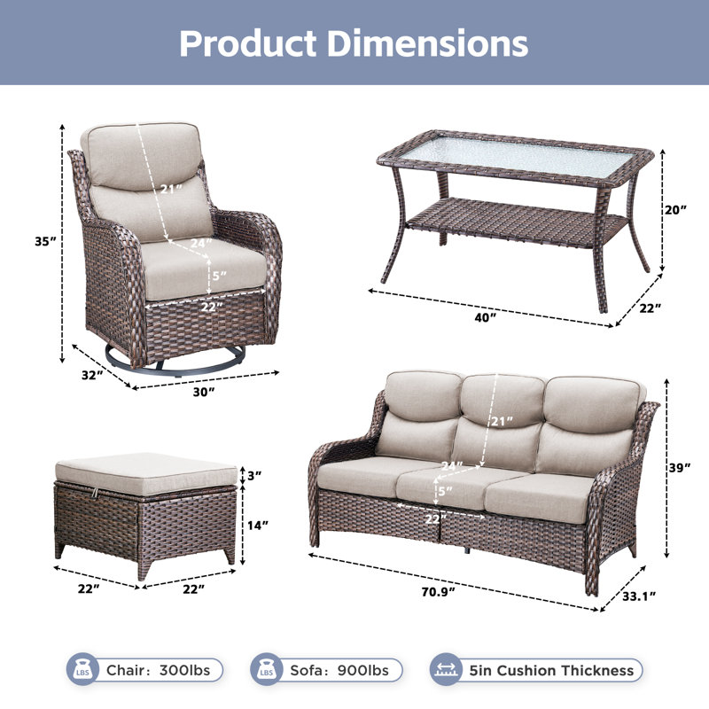 Ensemble de conversation d'extérieur en osier 8 pièces avec chaises pivotantes et table basse 8 pièces, Beige, Brun