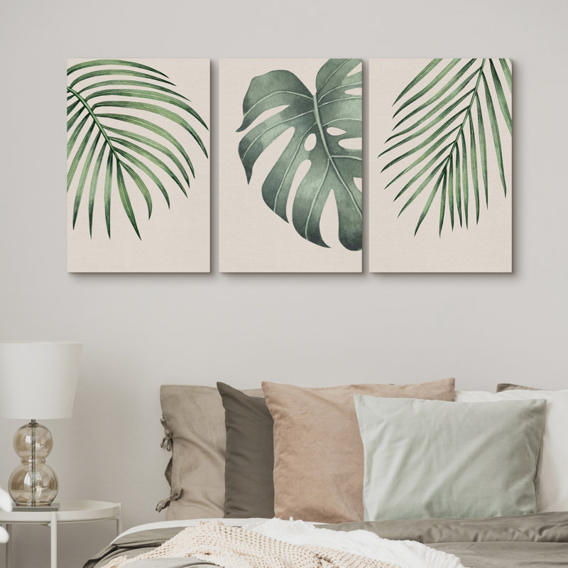 Minimal Botanical Green Tropical Island Monstera Palm Tree Leaves Picture Framed Canvas 3 Piece Print Set Wall Art