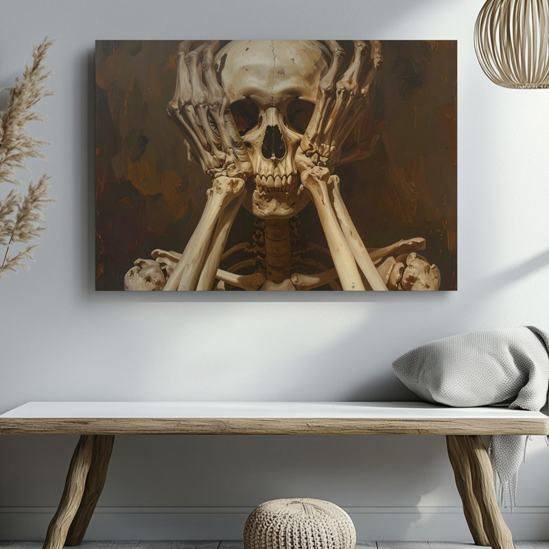 Toile d'os ocre squelette existant dans le désespoir théâtral, art mural sur toile prêt à accrocher, H 30 po x l 40 po