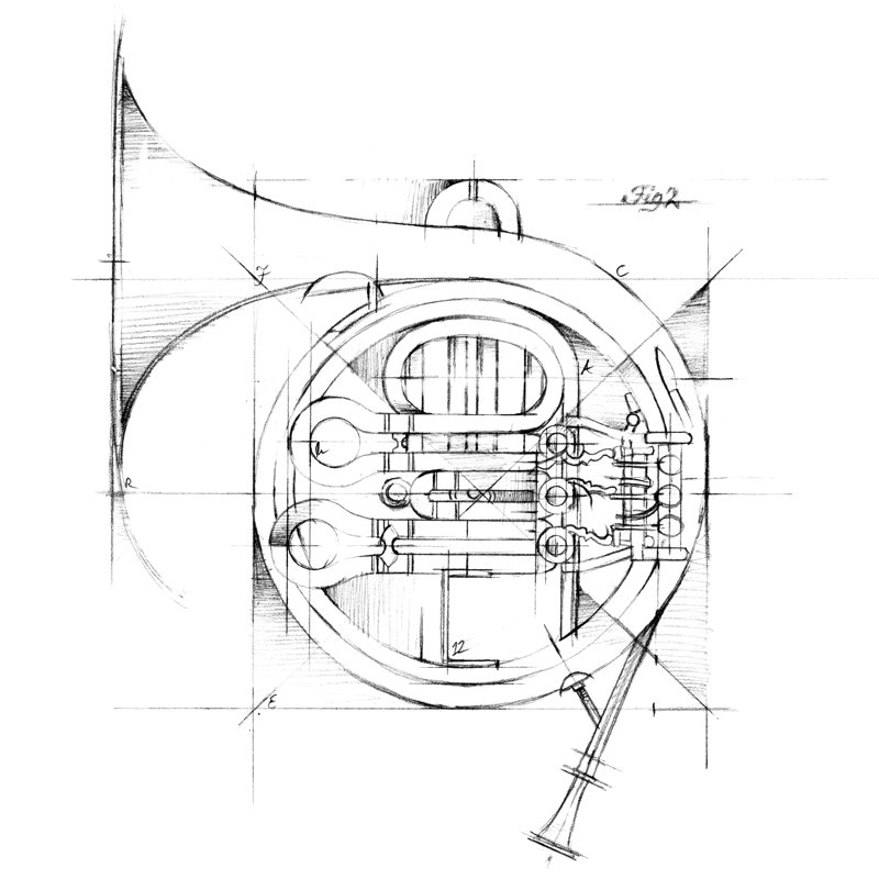 UA CH French Horn Sketch by Ethan Harper - Wrapped Canvas Print, 91cm H x 91cm W