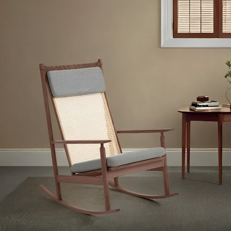 Chaise berçante simple en rotin simple en bois massif, Gris, Marron foncé