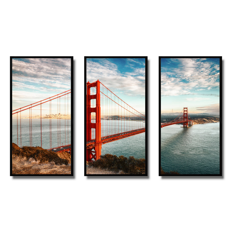 «Golden Gate Bridge In San Francisco», ensemble de 3 toiles encadrées, H 20 po x l 36 po x P 1 po, Cadre noir