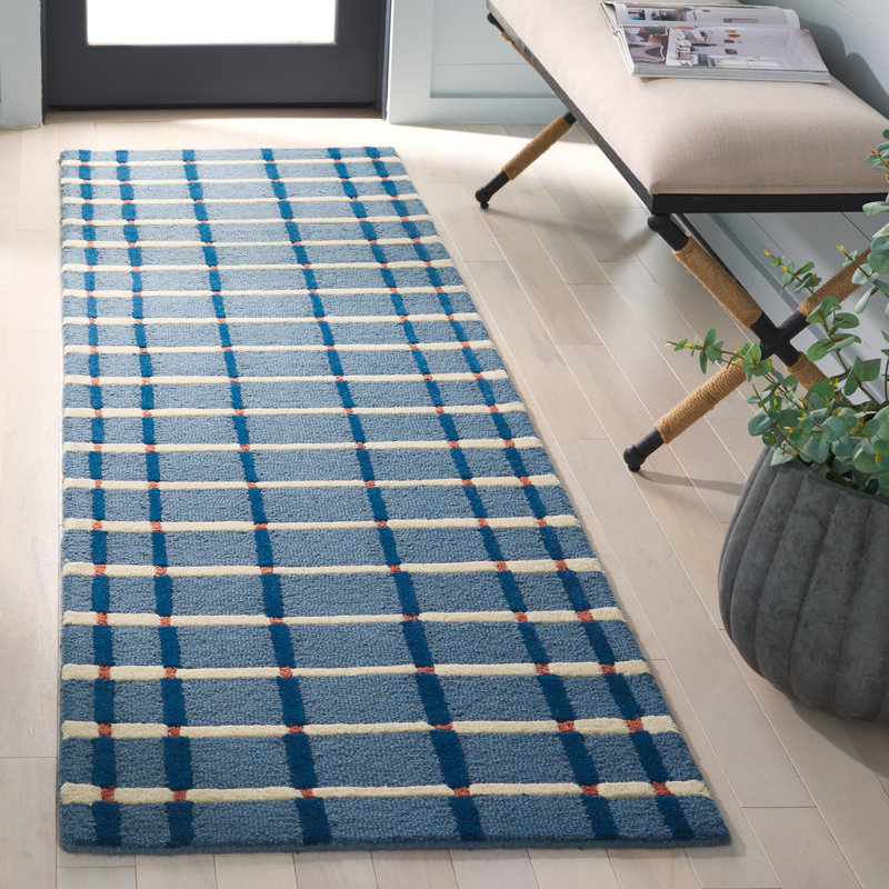 Tapis rayé bleu / ivoire en laine et coton touffeté à la main Zoticus, Tapis de couloir 2 pi 3 po x 8 pi