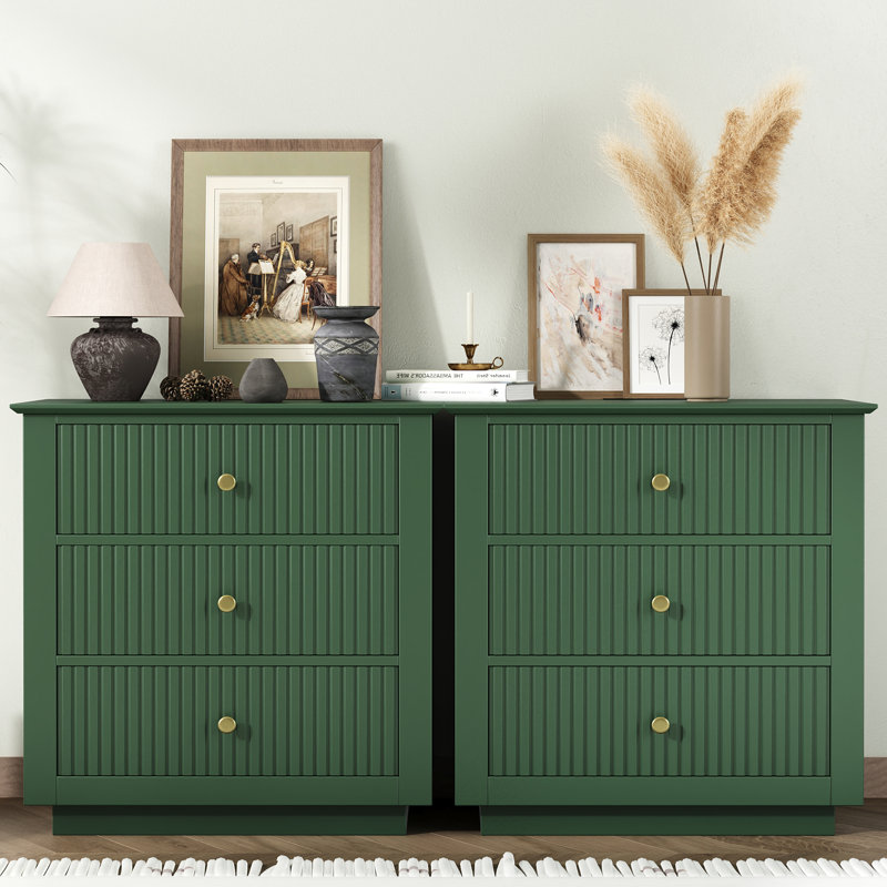3-Drawer Dresser 24"W Solid Wood Fluted Chest With Built-In Outlets ( Set Of 2 ), Green