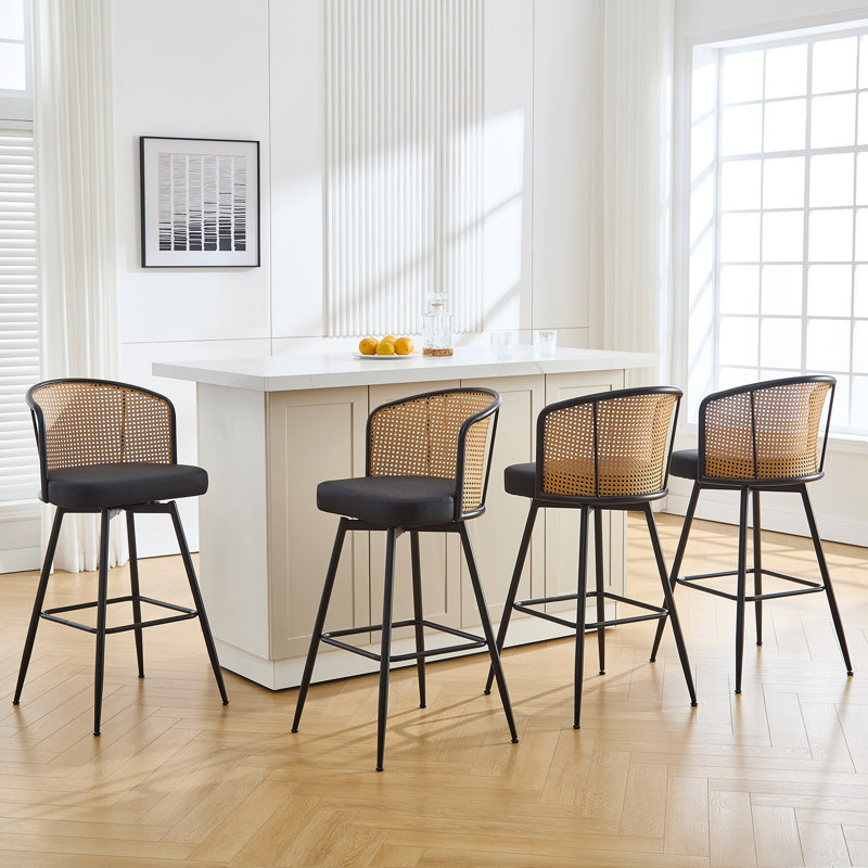Cane Back Swivel Upholstered  Stool, Bar Stool (29” Seat Height), Black