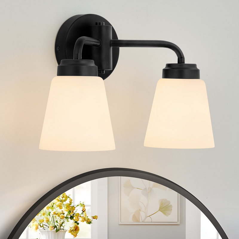 Luminaire de salle de bain 2 lumières à intensité variable avec abat-jour en verre au lait, 2, Noir mat
