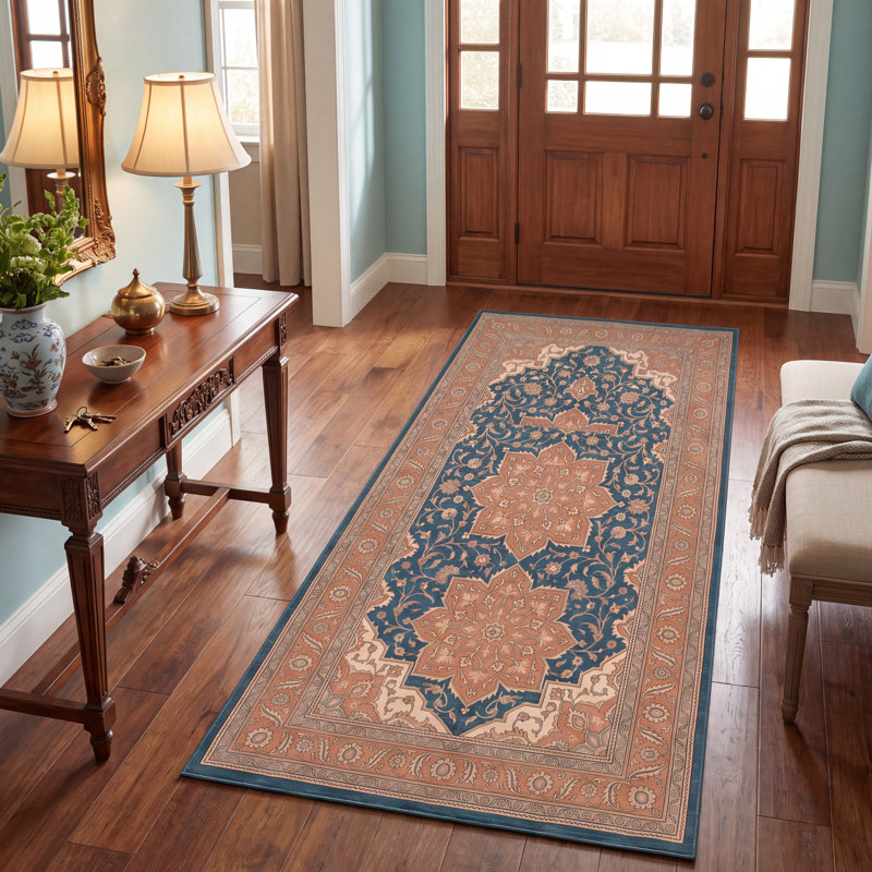 Tapis Willow2 traditionnel à médaillon, style persan, bleu sarcelle, or et crème, lavable à la machine, antidérapant, à poils courts, pour l'intérieur et l'extérieur, adapté aux animaux domestiques, idéal pour le salon, la chambre, la salle à manger, l'entrée, le couloir ou le bureau.