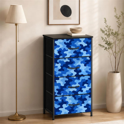 Commode à 4 tiroirs pour chambre à coucher Camouflage bleu à formes abstraites, petite commode à vêtements pour commode avec commode