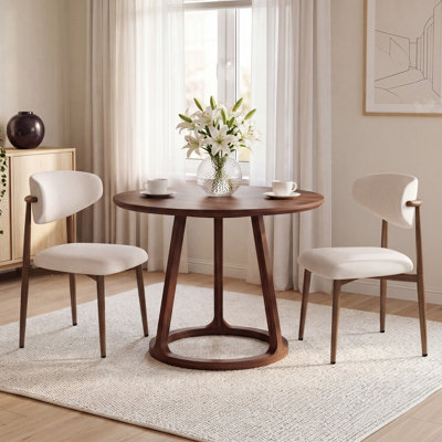 Modern Upholstered Dining Chairs Set of 4 with Curved Wraparound Backrest, Cream Fabric Seat & Dark Brown Wood Frame (Set of 2)