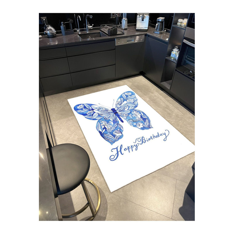 Tapis décoratif bleu à motif papillon lavable à la machine, Tapis de couloir 2 pi 6 po x 6 pi 7 po inclus