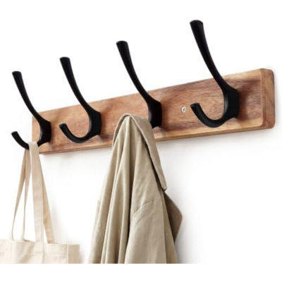 Porte-manteau mural en bois d'acacia, 38 cm (15 pouces), avec 4 crochets doubles robustes, idéal pour suspendre les serviettes, laisses pour chien, manteaux ou sacs.