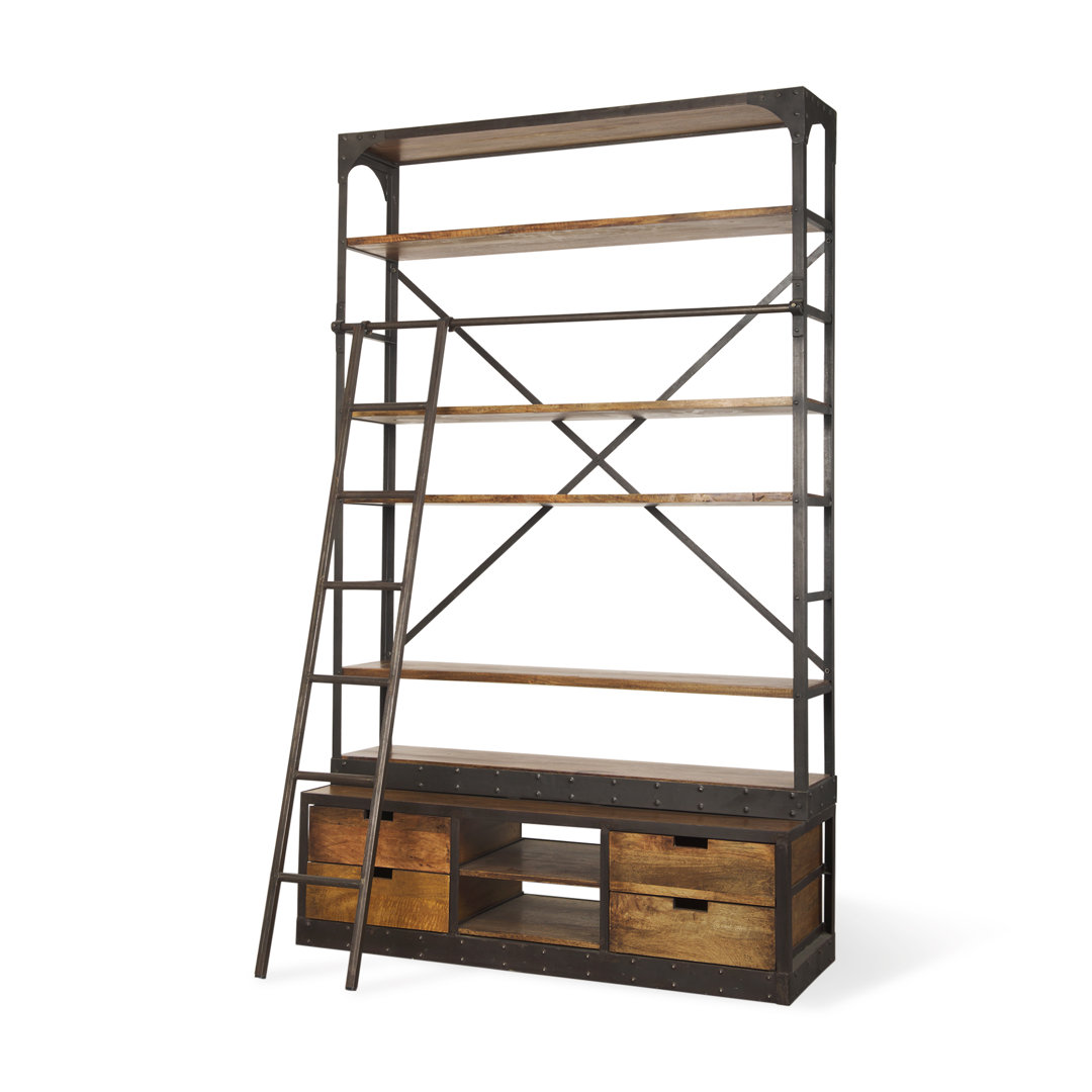 Schlueter 94" Metal and Wood Four Tier Library Bookcase With Ladder Trent Austin Design®