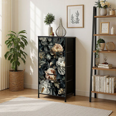 4 Drawer Vertical Storage Dresser Botanical Ornament Layered with Wood Top Fabric Pull Drawers
