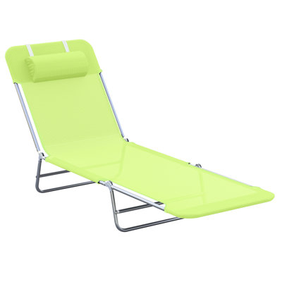 Folding Chaise Lounge Pool Chair For Outdoor Leisurely, With Pillow, Reclining Back, Steel Frame & Breathable Mesh, , Beach, Patio, Yard Poolside Enjoyment, Adjustable Textile,