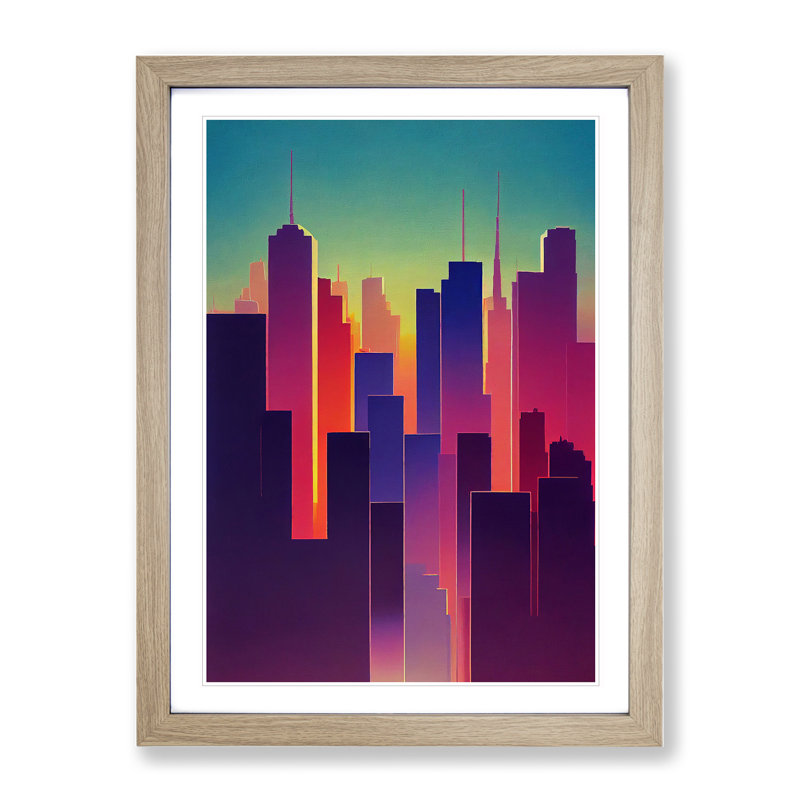 Bright City Skyline Abstract - Wall Art, 36cm H x 27cm W x 2cm D, Oak Framed, White