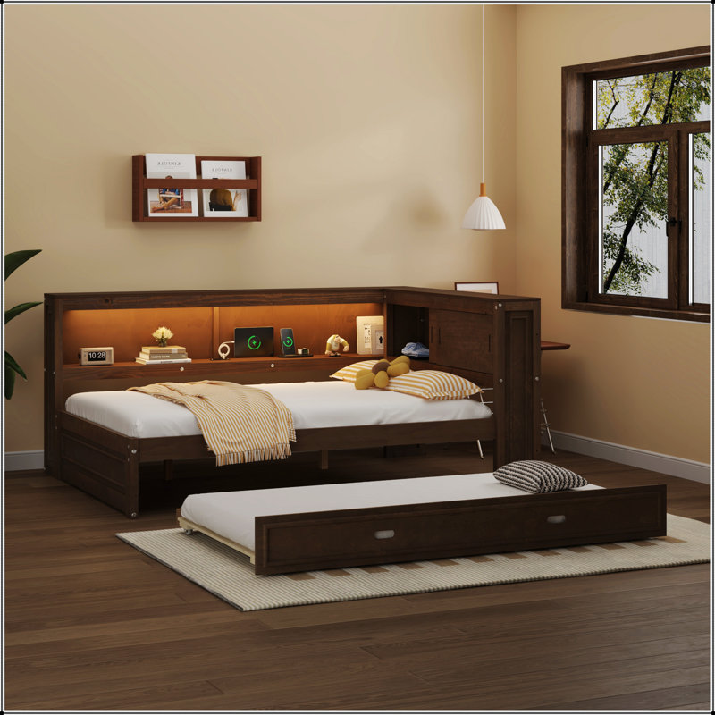 Lit de jour en bois pleine grandeur avec tablettes de rangement, USB, DEL et lit gigogne, couleur bois antique pour un confort moderne