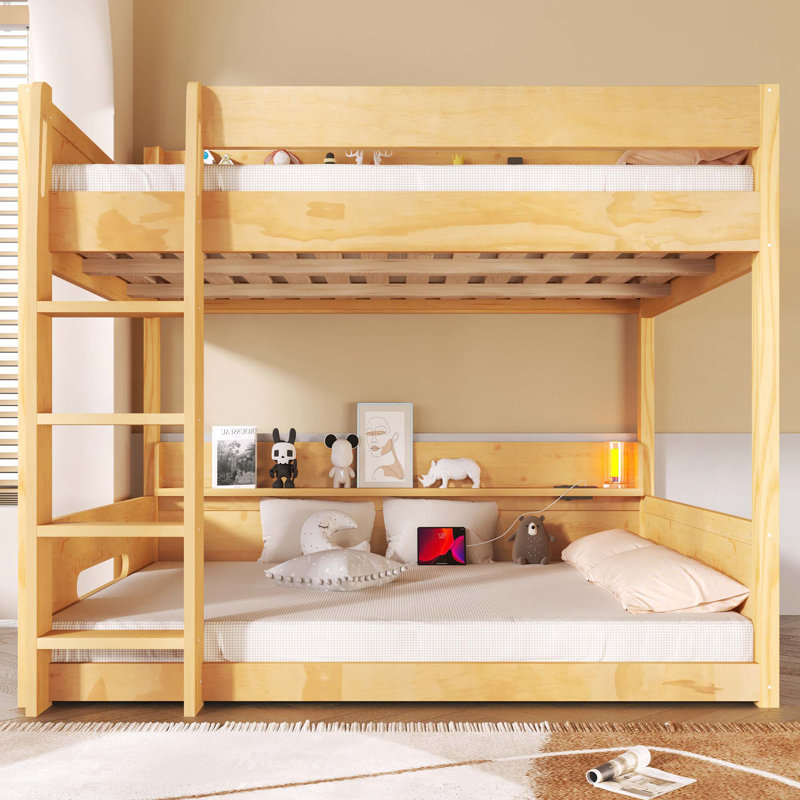 Lit superposé grand sur grand avec tablettes de rangement et ports USB, Bois
