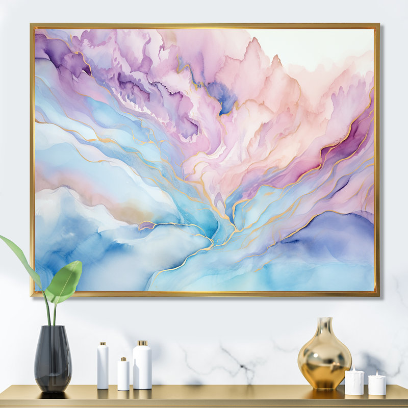 Rose et bleu, lever de soleil sur glacier - formes abstraites, art mural, Cadre flottant doré, H 30 po x l 40 po x P 1,5 po