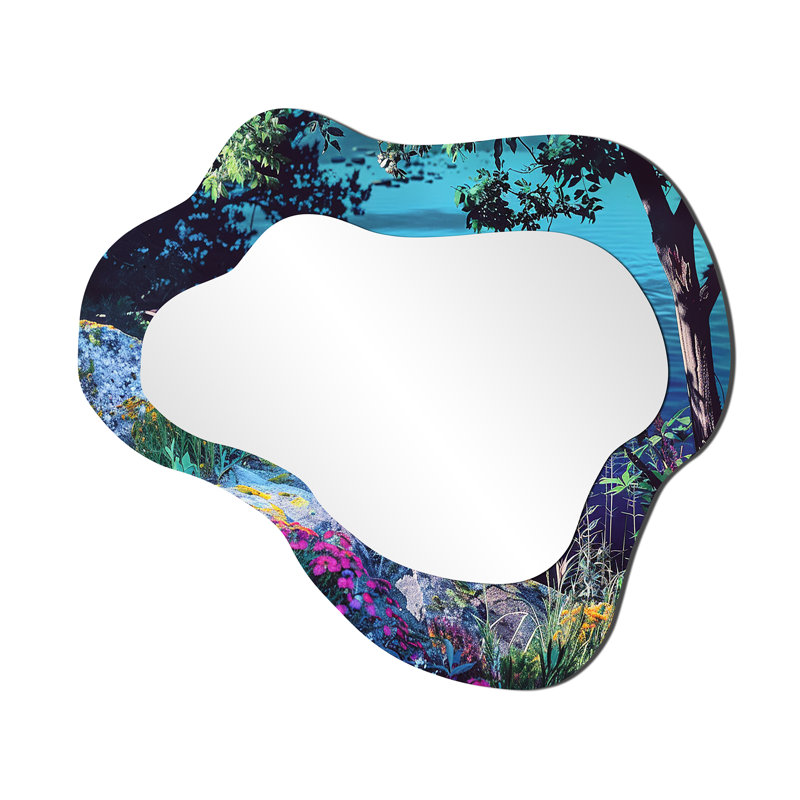 Voilier simple dans la baie de floraison bleue idyllique - miroir mural asymétrique océan, miroir décoratif bord de mer, impression sur métal