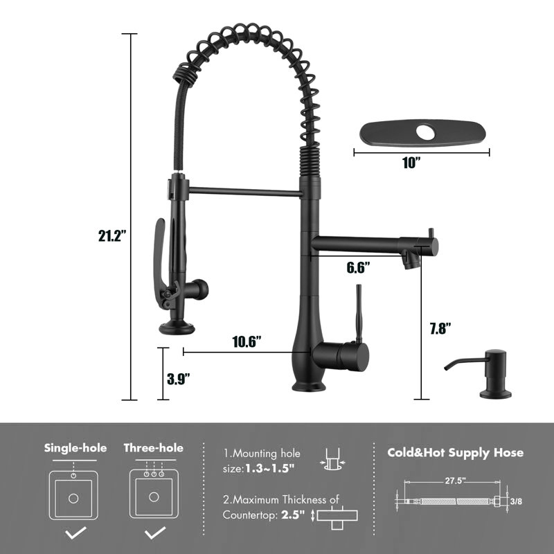 Double-Headed Single-Handle High-Pressure Kitchen Faucet, With Pull-Down Sprayer And Soap Dispenser., Matte Black