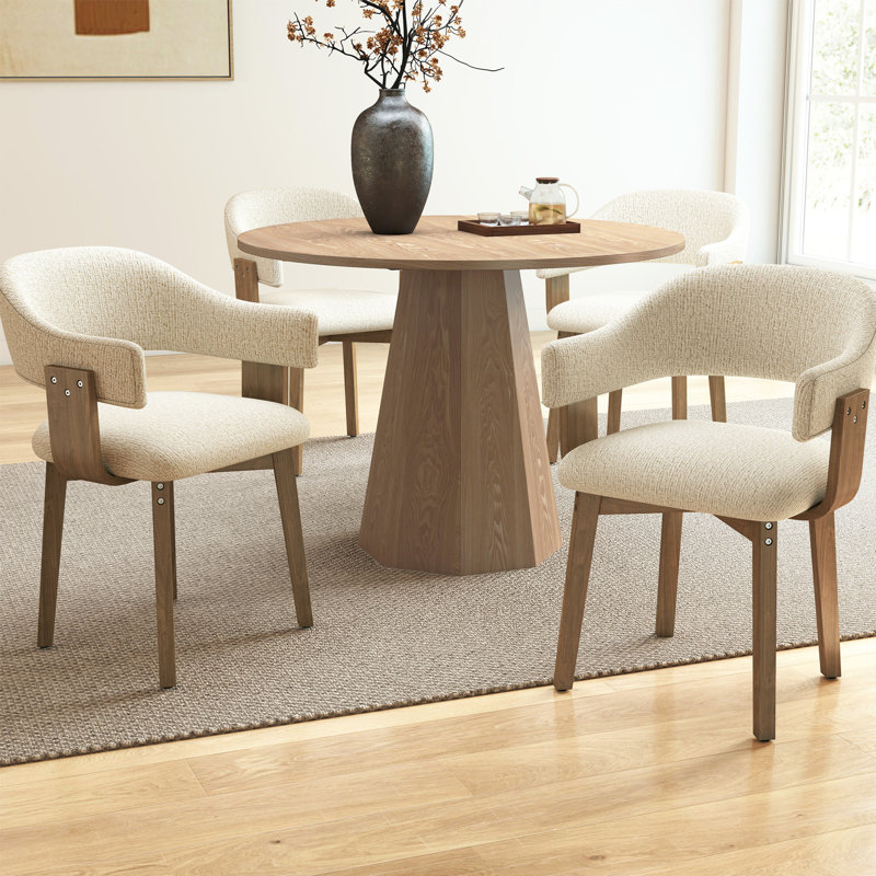 Modern 5-Piece Round Brown Dining Set With Upholstered Chairs With Backrest And Armrests, Fit For 4 People, Beige, Tan