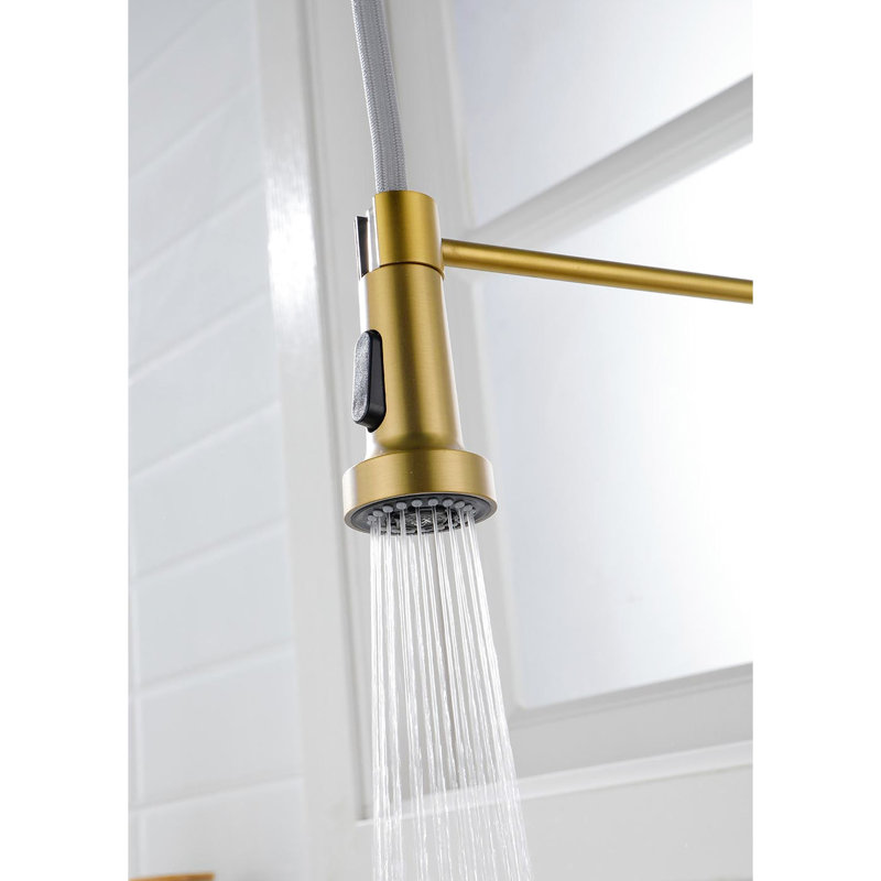 Brushed Gold Pull-Down Kitchen Faucet, Stainless Steel, 360 Swivel Nozzle, Dual Water Output Settings, Simple Temperature & Flow Adjustment Tap, Stream And Spray Outputs, Easy Control