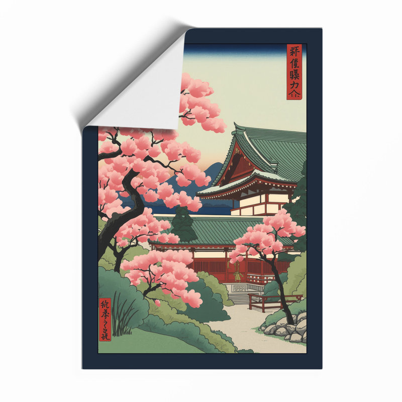 Cherry Blossom Temple Japandi - Framed Print, Unframed, A1 - 84.1 x 59.4 cm