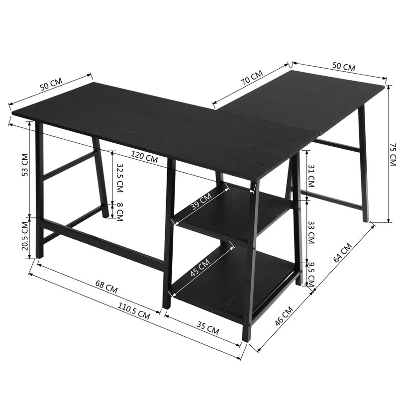 Charge L-Shaped Writing Desk, Black, 75cm H x 120cm W x 120cm D