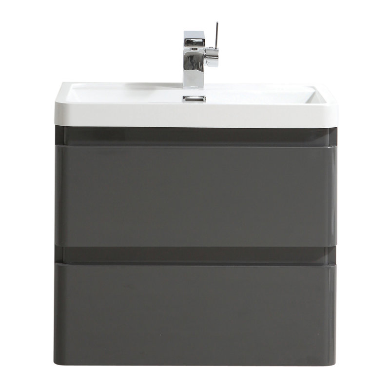 Bridge 600mm Single Bathroom Vanity with Semi-Recessed Wood Basin, Gloss Grey