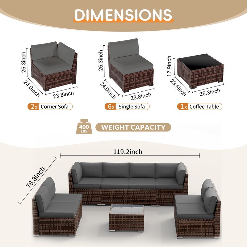 Ensemble de conversation modulaire en rotin avec coussins Avamay, Gris, Non