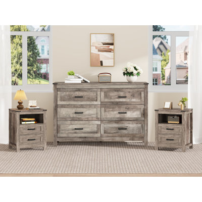 3-Piece Bedroom Set, Includes Farmhouse 6 Drawer Dresser, Set Of 2 Side Tables With Drawers& Storage Shelf, 3 Piece Dresser And Nightstands Set, Antique Gray
