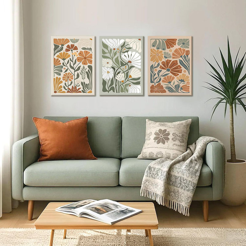 3 Pcs Framed Bohemian Wildflower Wall Art, Abstract Floral Canvas Print Hand-Painted Botanical Poster Modern Minimalist Style Wall Decor For Bedroom And Living Room