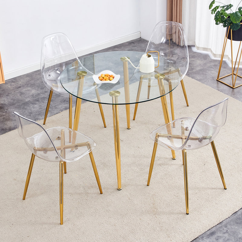 Ensemble de salle à manger Aurora Luxe en verre doré moderne: chaises en PET haute densité, assemblage de 20 minutes, table ronde peu encombrante (ensemble de 5)