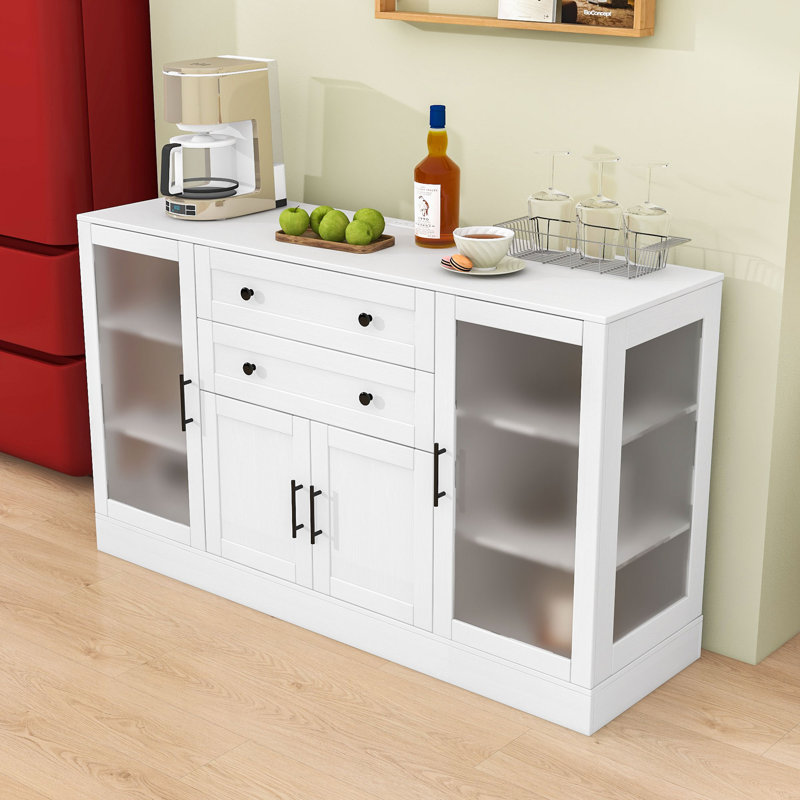 Buffet Buffet avec tablettes réglables, prise de courant, 4 portes et 2 tiroirs, White