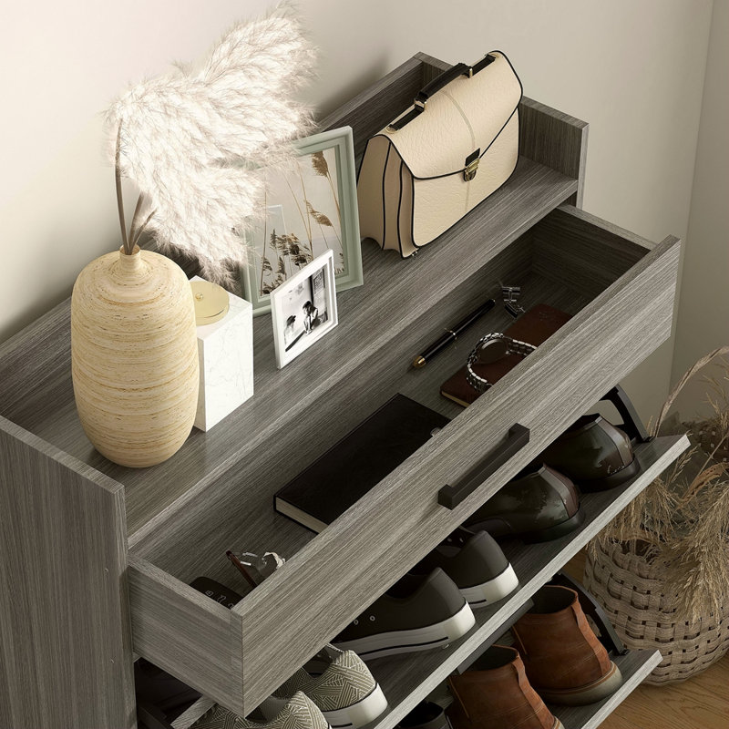 Narrow Shoe Cabinet, Industrial Shoe Storage Cabinet With 2 Flip Drawers, Adjustable Shelves, And Top Drawer, Entryway Hidden Shoe Storage For 12 Pairs Of Shoes