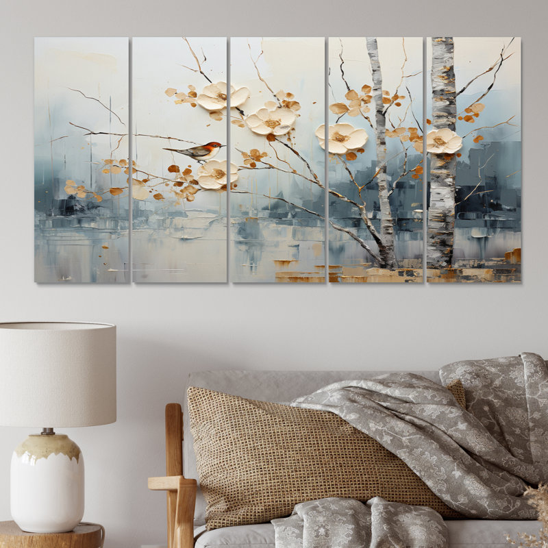 Birch Woods Ethereal Elegance II - Décoration murale animaux - 5 panneaux égaux