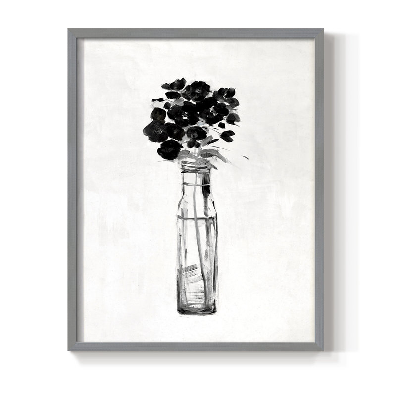 Impression florale noire et blanche sophistiquée I - bois massif, Gris, H 10 po x l 8 po
