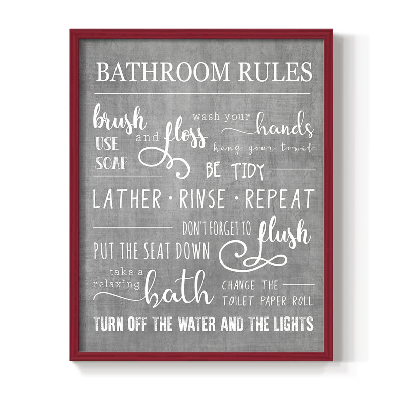 Neutral Bathroom Rules Framed Print - Solid Wood, 15" H x 12" W, Red