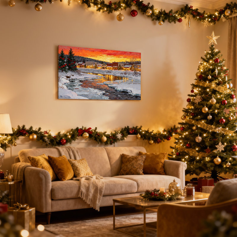 Ensemble de 3 reproductions d'art sur toile, "Christmas Winter Sunset River River Snowscape", H 20 po x l 30 po
