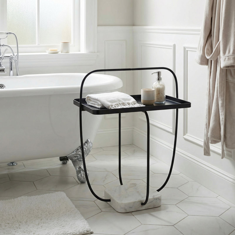 Table d'appoint de plateau avec structure en métal noir et base en marbre