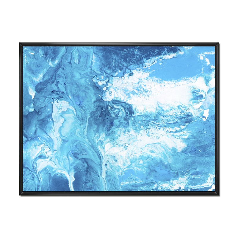 Art liquide en bleu clair et turquoise - Peinture sur toile, H 35 po x l 45 po x P 1,5 po, Cadre noir