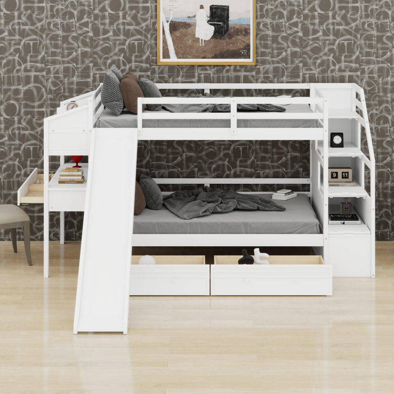 Lit superposé avec escalier de rangement, bureau, glissade et tiroirs, Blanc