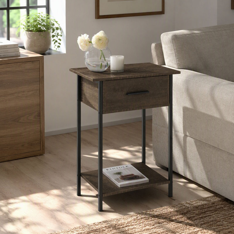 Table d'appoint, 2 niveaux, bout, lampe, salon, table d'appoint, tiroir de rangement, petit, stratifié, métal noir, contemporain