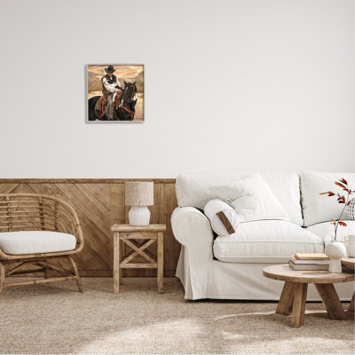 «Ba-707», impression de paysage de cowboy avec chien encadrée sur bois par Victoria Schultz