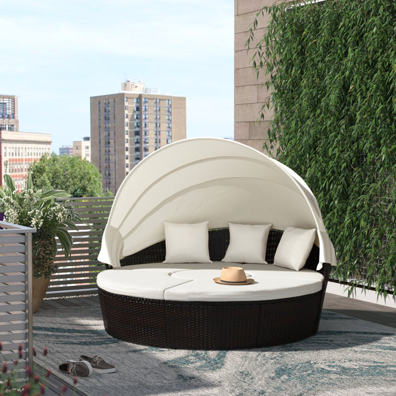 Alleshia 75.5'' Wide Curved Wicker Patio Daybed with Cushions, Off White, Brown