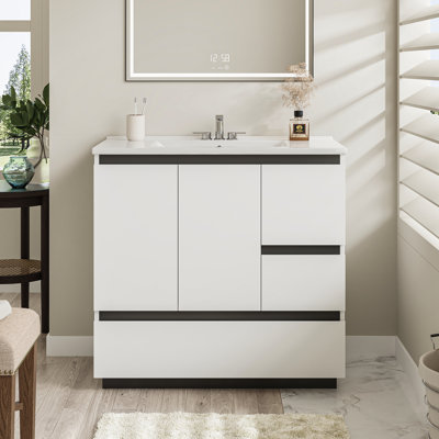 36'' Single Bathroom Vanity with Ceramic Sink and Built-In Power Outlet - Dark Walnut