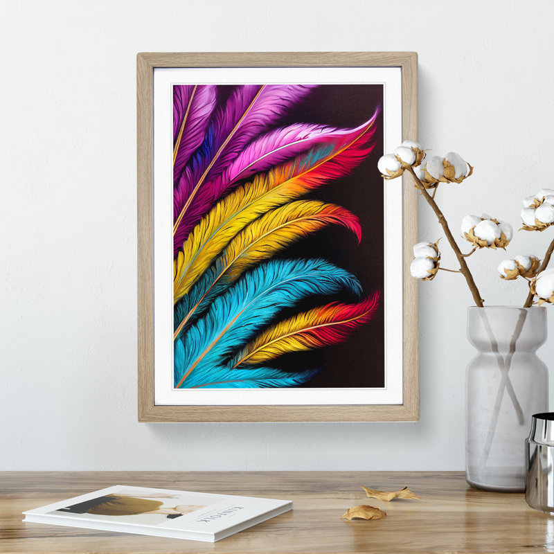 Vibrant Feathers No.2 - Wall Art, 36cm H x 27cm W x 3cm D, Oak Framed Paper, White